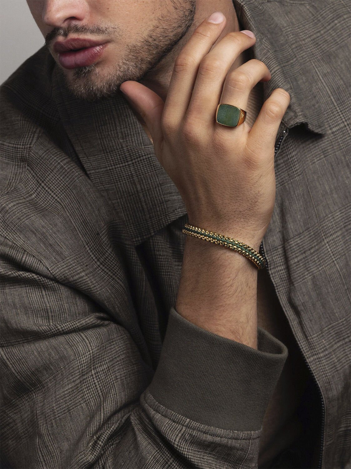 Men's Green Woven 8mm Box Chain Bracelet in Gold