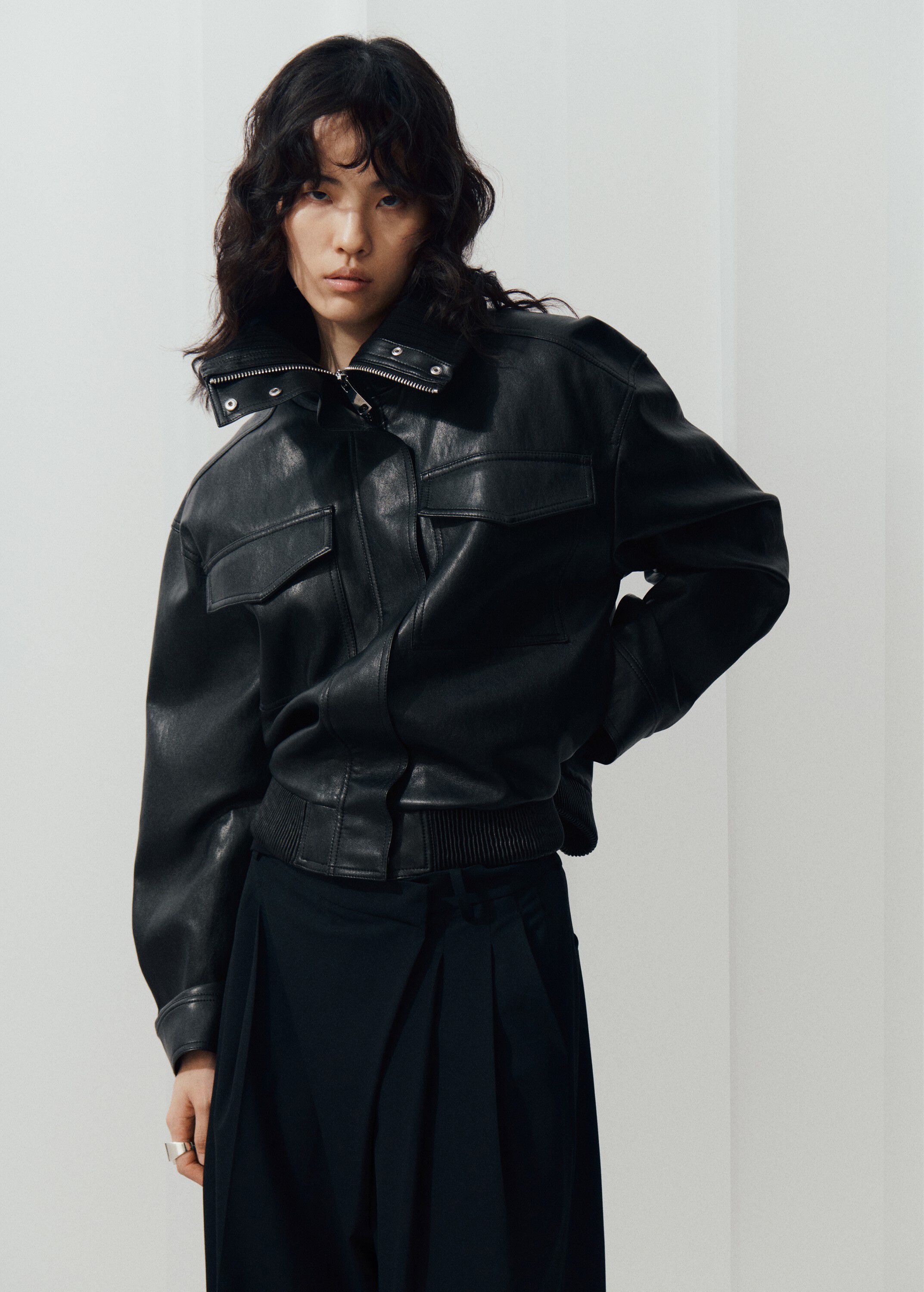 Faux leather jacket with ribbed col