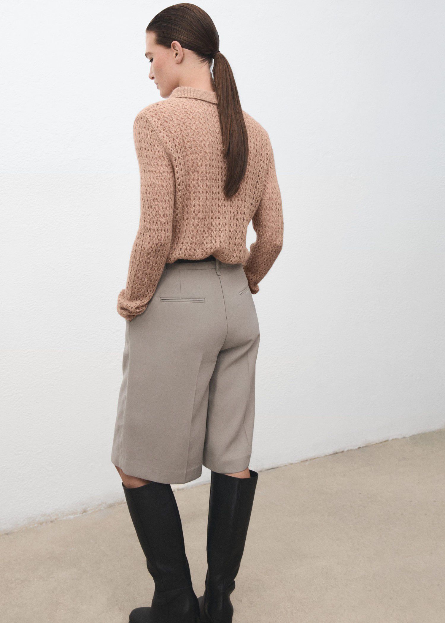 Openwork knitted polo-neck sweater