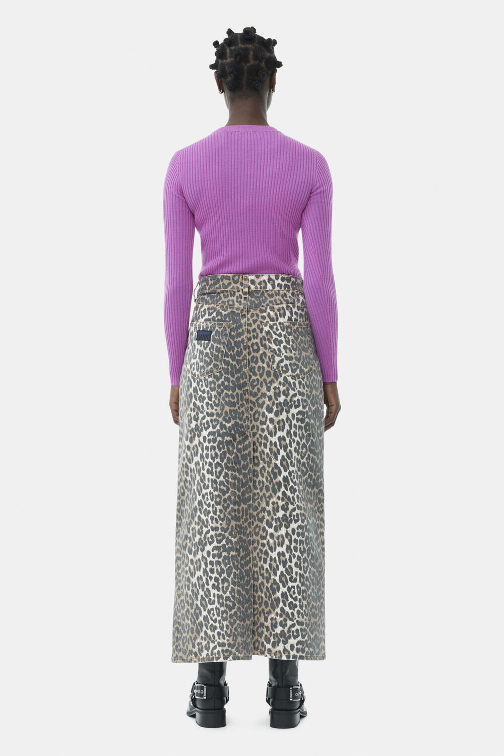 Print Denim Maxi Slit Skirt