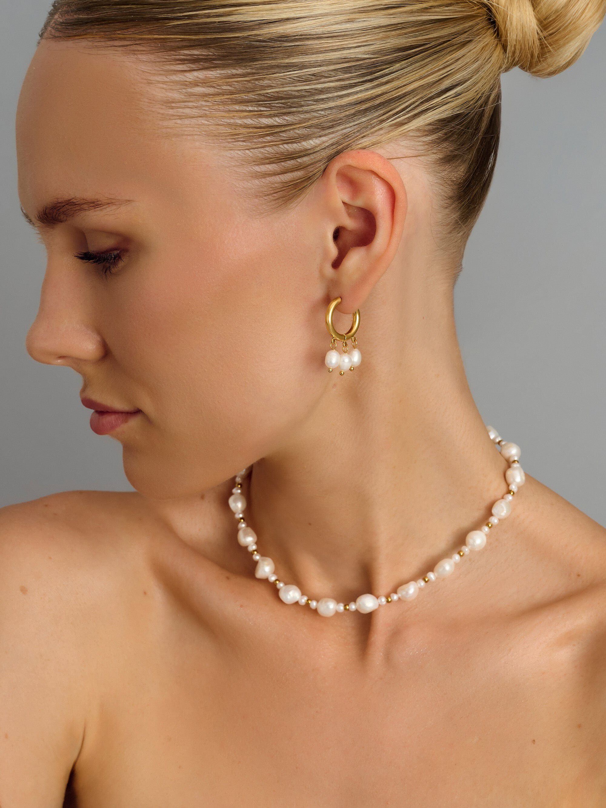 Triple Drop Pearl Hoops in Gold