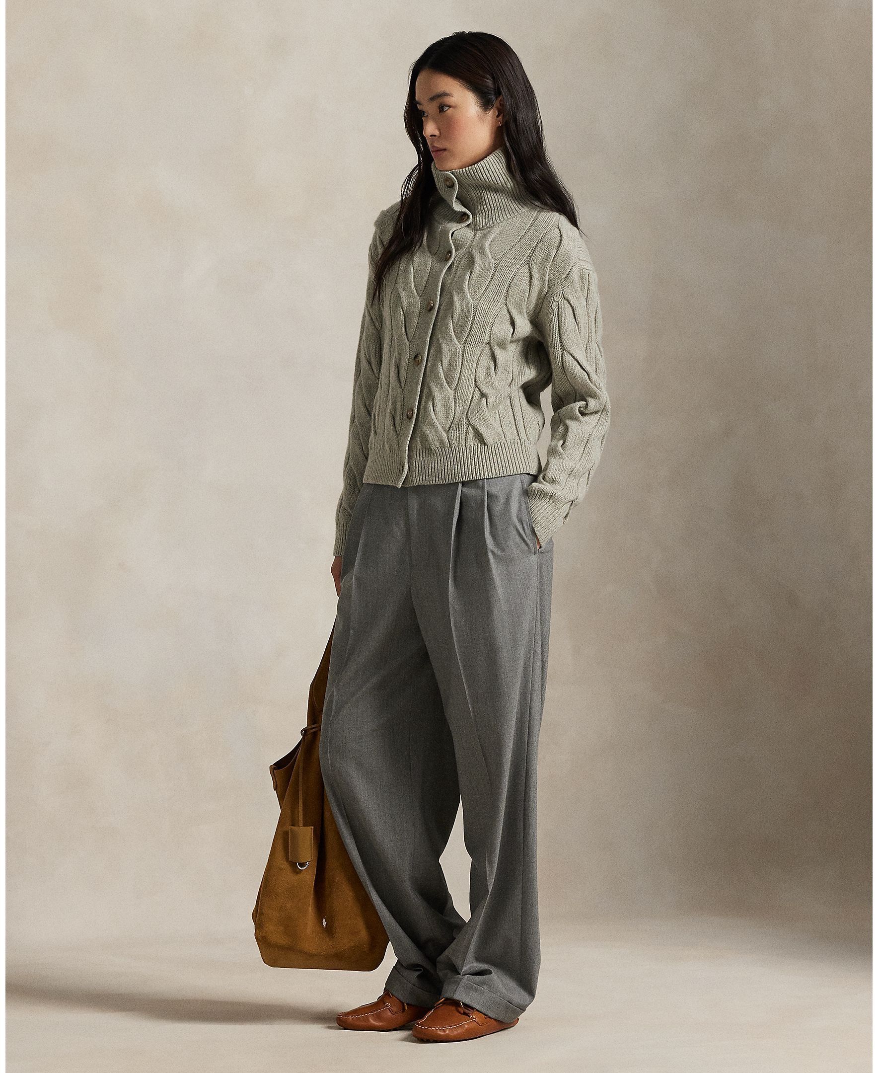 Cable Wool-Cashmere Funnelneck Cardigan