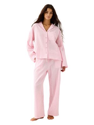 Pyjamasbukser i bl&oslash;d seersucker med