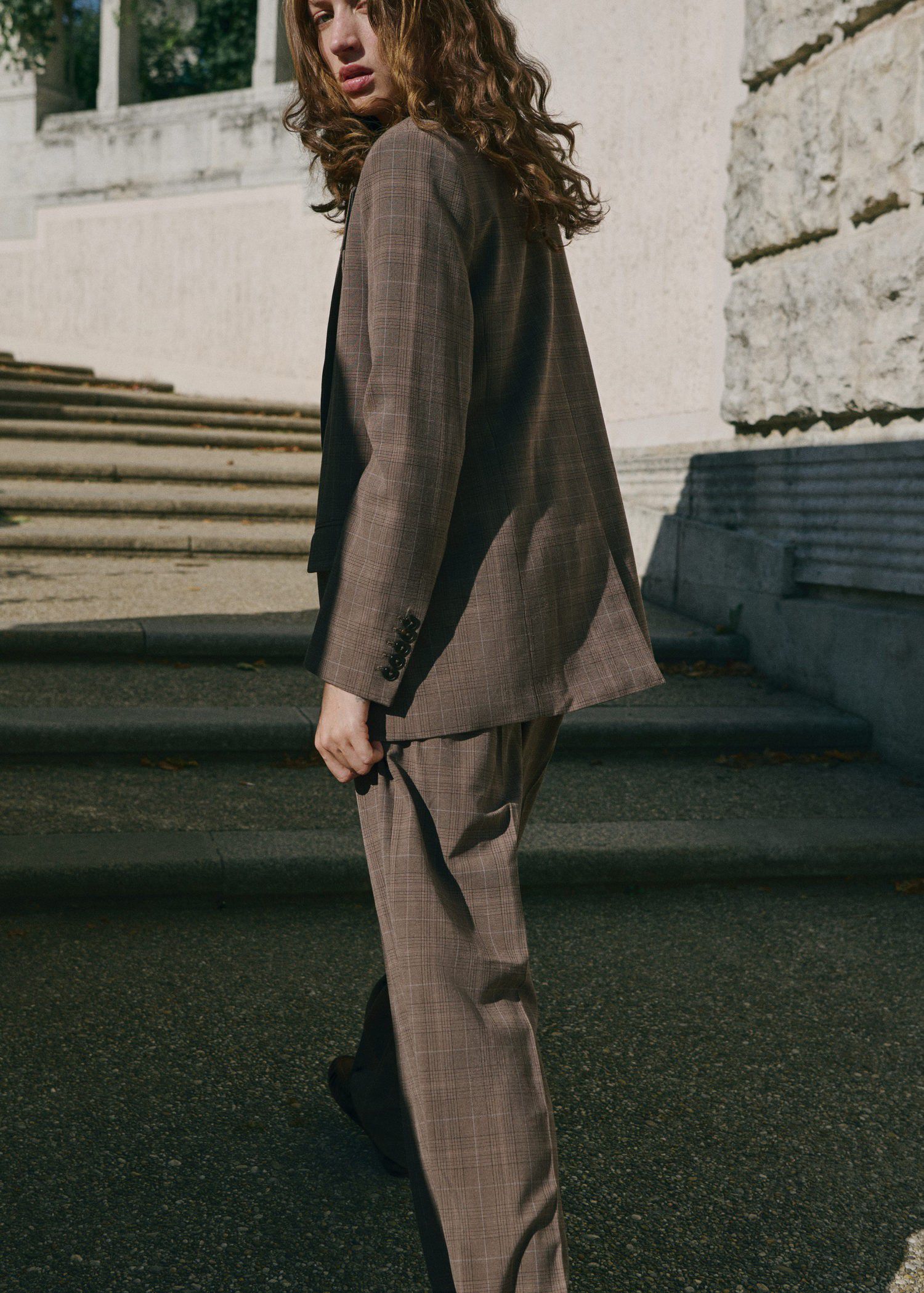Wide leg check suit trousers