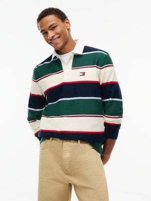 Relaxed Fit Rugby Stripe Long Sleeve Polo Shirt