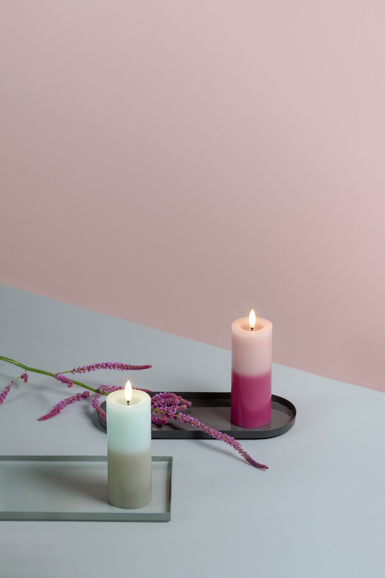 MM LED pillar candle, Silk, Melted, Multi-colour green, 49x125 mm