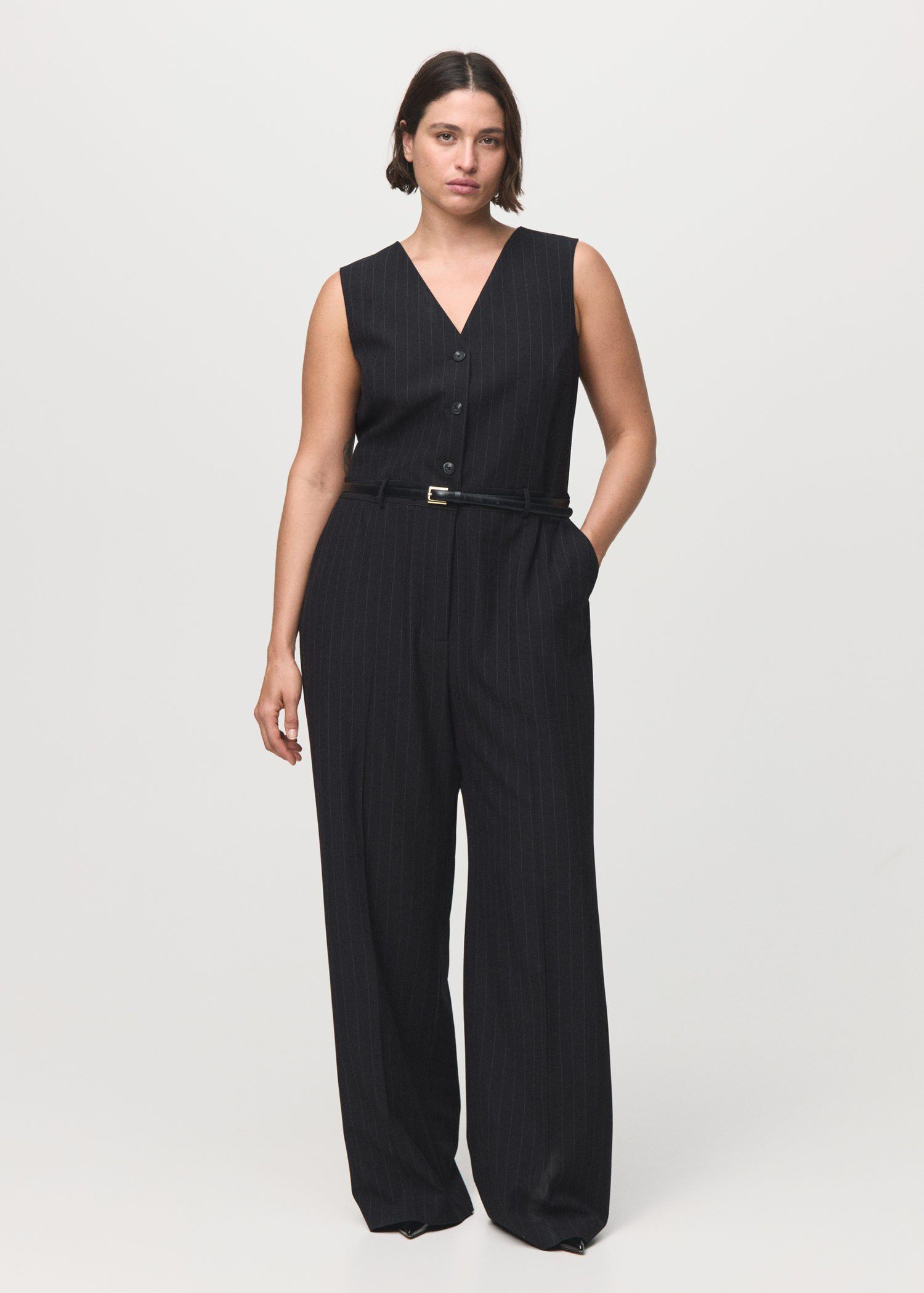 Pinstripe jumpsuit with belt