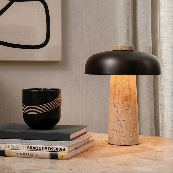 Reverse Table Lamp, Travertine, Bronzed Brass