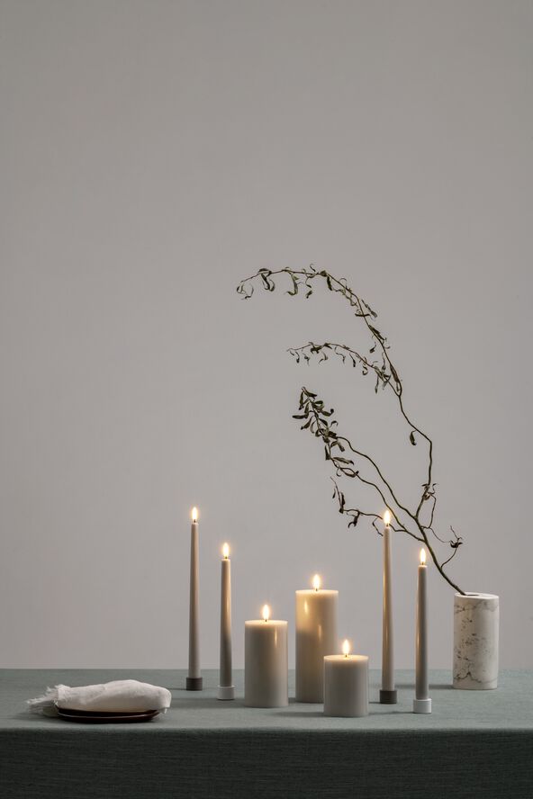 LED taper candle, Oyster Grey, Smooth, 2-pack, 2,3x25 cm