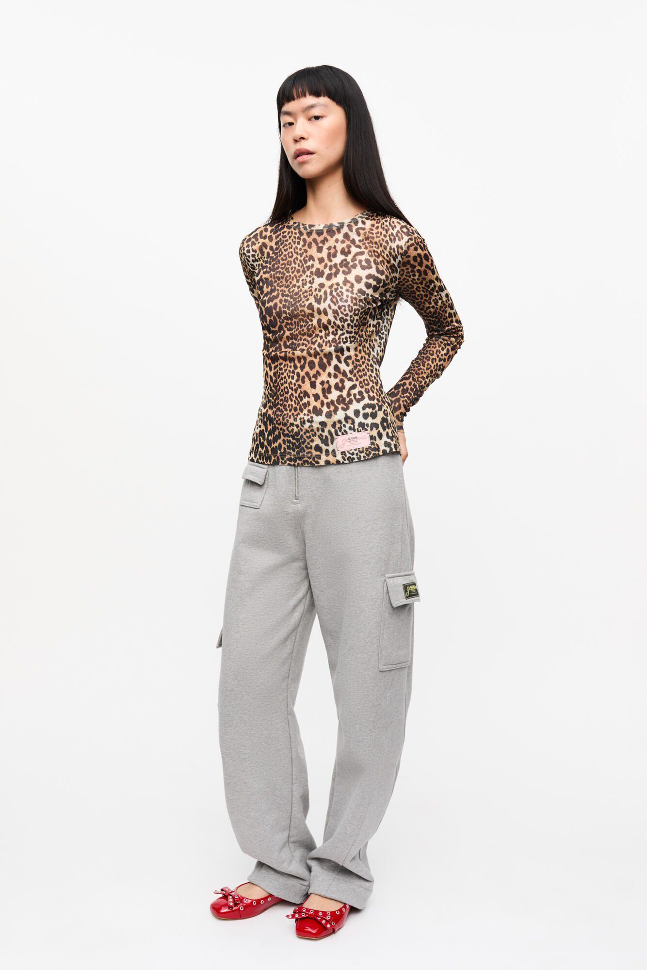 Printed Marl Mesh Long Sleeve Top