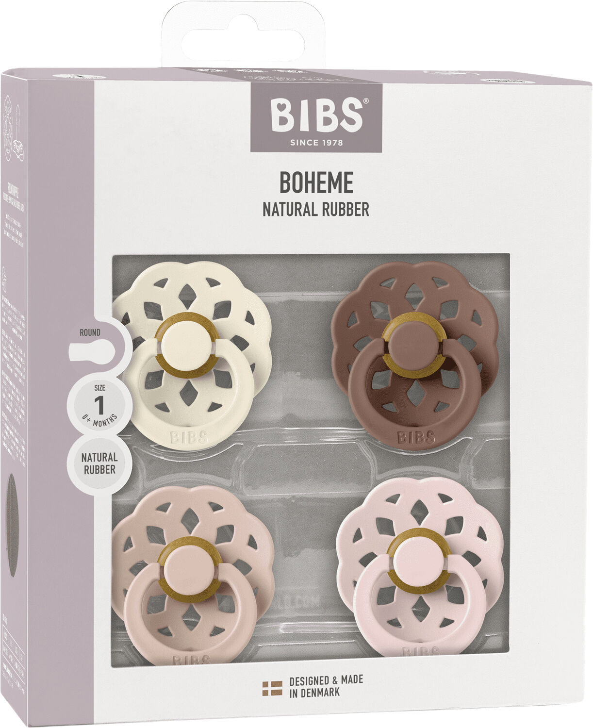 BIBS Pacifier Boheme 4 PACK Latex Size 1 Ivory/Blush/Woodchu