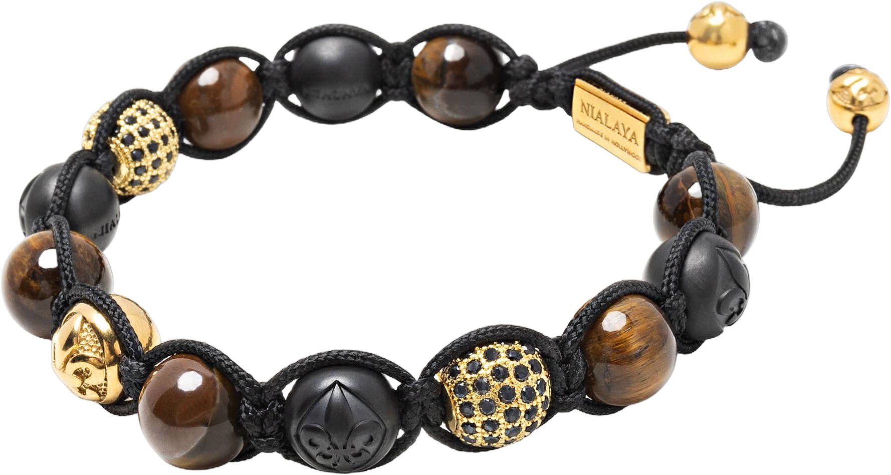 Men's Beaded Bracelet with Matte Black Ceramic Beads, Tiger Eye, Gold