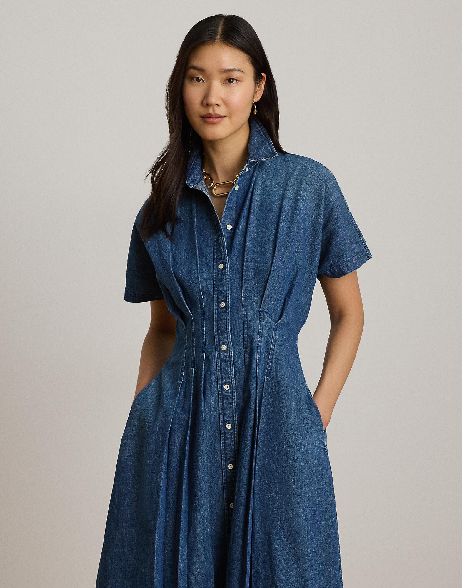 Pleated Denim Shirtdress