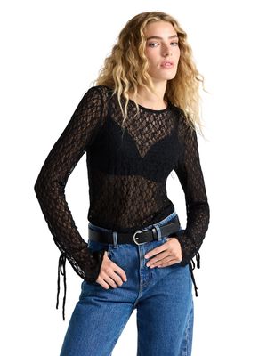 Long-sleeved lace top with tie band