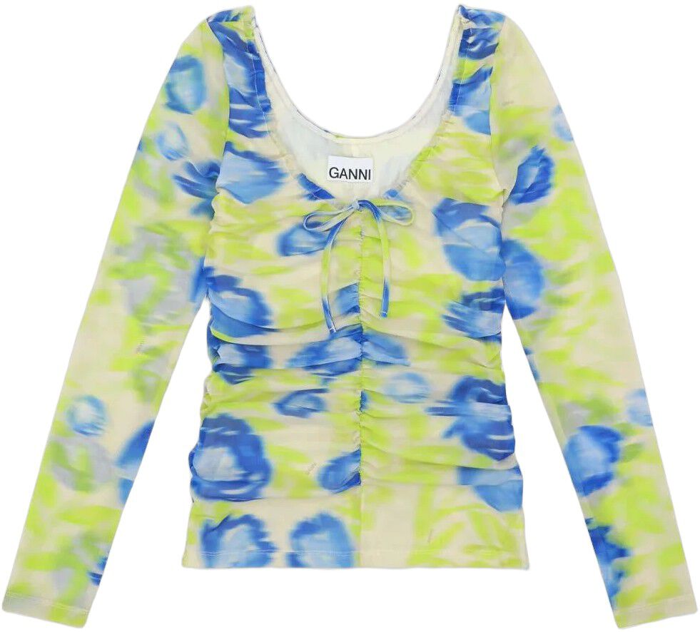 Rynkad blus med u-ringning i tryckt mesh