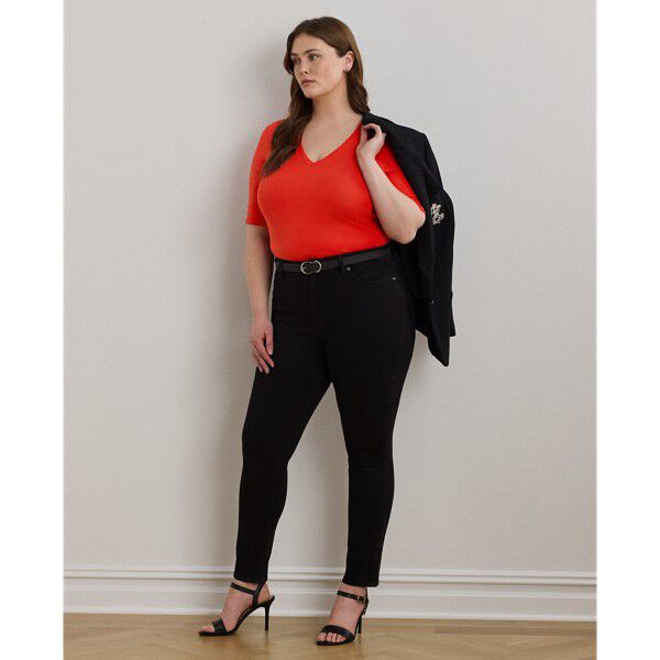 Stretch Cotton Elbow-Sleeve V-Neck Tee