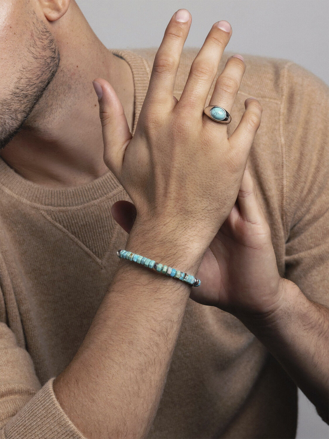 Men's Hexagon Beaded Bracelet with Turquoise and Silver