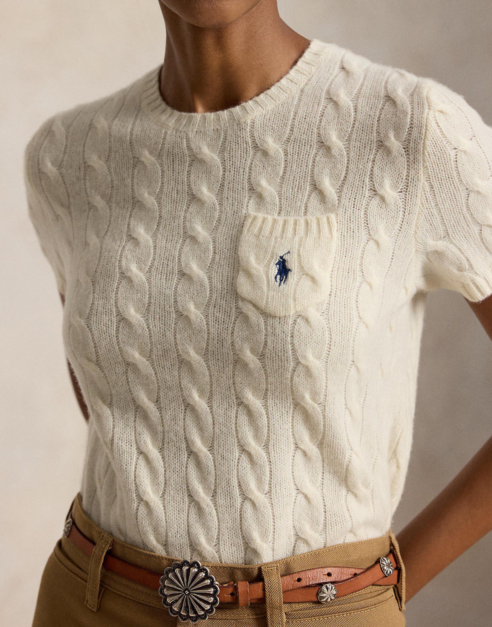 Cable Wool-Cashmere Short-Sleeve Sweater