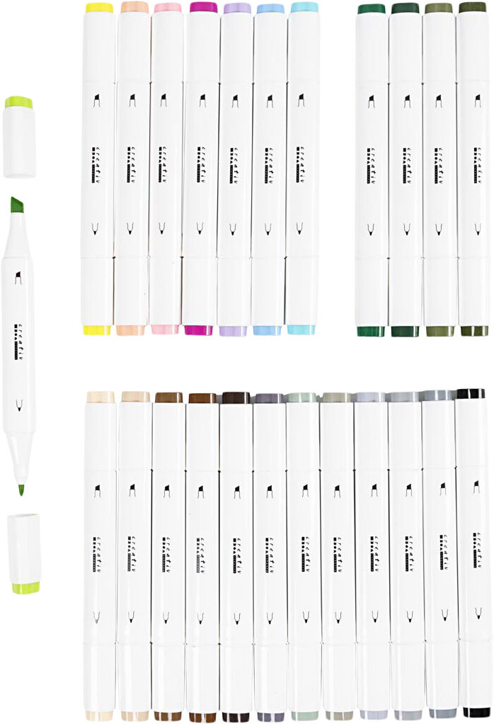 Tegnetusch, streg 1+8 mm, pastelfarver, standardfarver, 24st