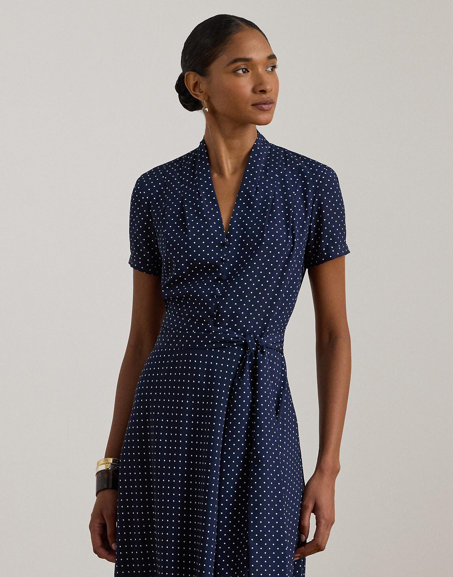 Polka-Dot Belted Crepe Dress