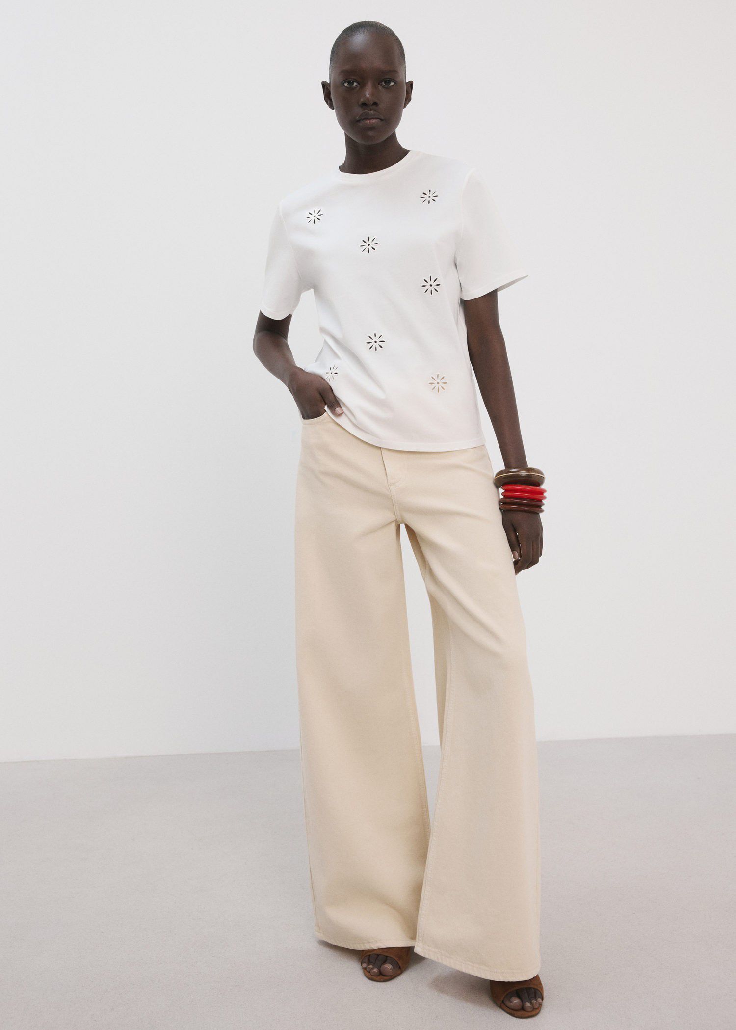 Embroidered cutwork cotton T-shirt