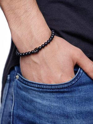 Men's Beaded Bracelet with Blue, Brown, Orange, White, and Silver Disc