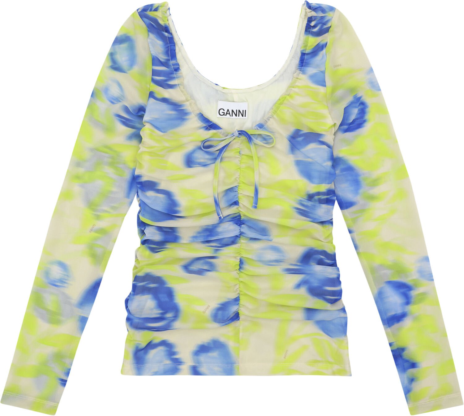 Rynkad blus med u-ringning i tryckt mesh