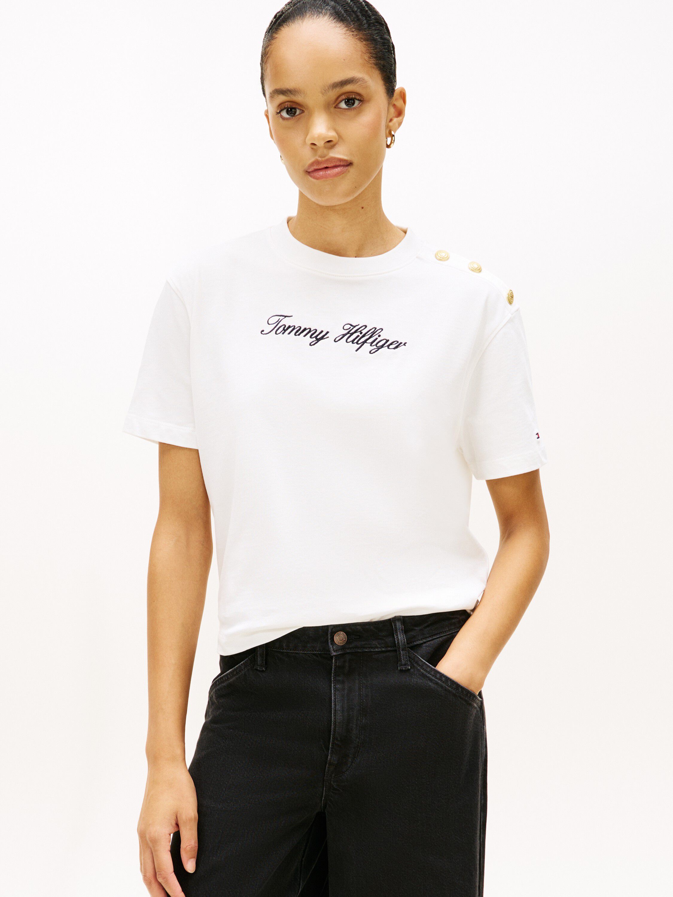 Gold-Tone Button Logo Embroidery Relaxed T-Shirt