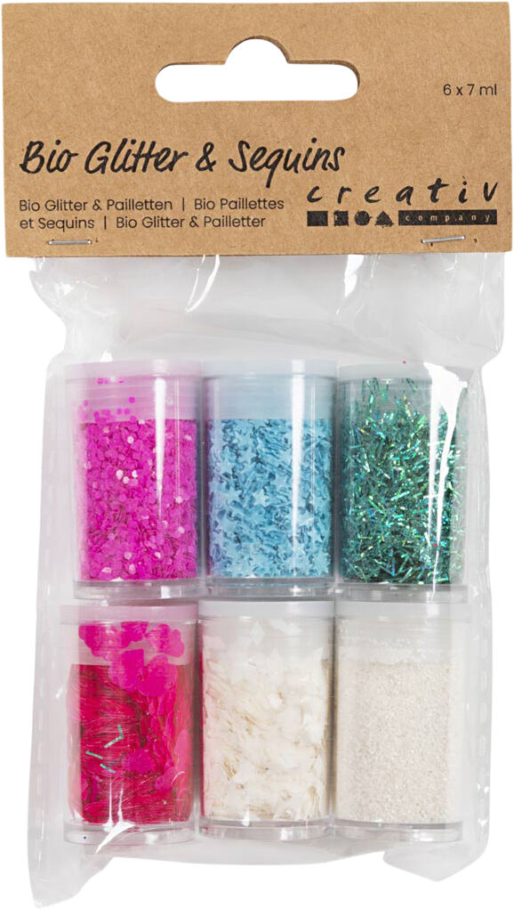 Bio-glimmer & Pailletter, pastelfarver, 6x7ml.
