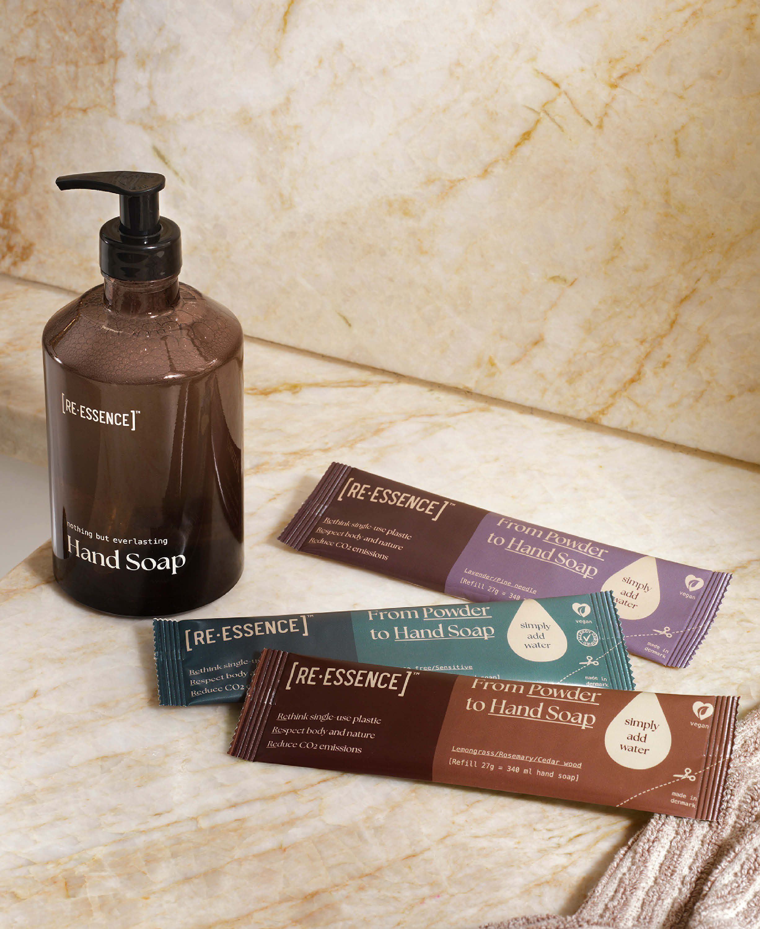 H&aring;nds&aelig;be - Glasdispenser + 2 Refills (Lavendel/Fyrren&aring;l)