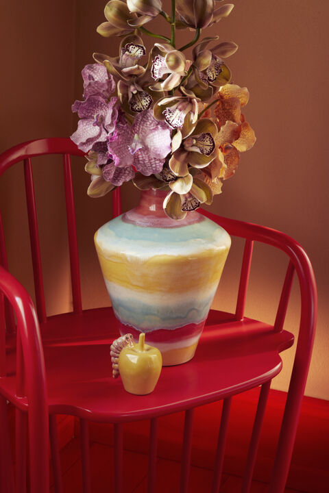 Poppery Vase med æble H32 cm pink/mint/gul