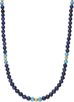 Beaded Necklace with Blue Lapis, Turquoise, and Gold Plating