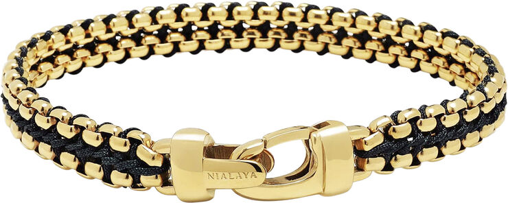 Men's Black Woven 8mm Box Chain Bracelet in Gold