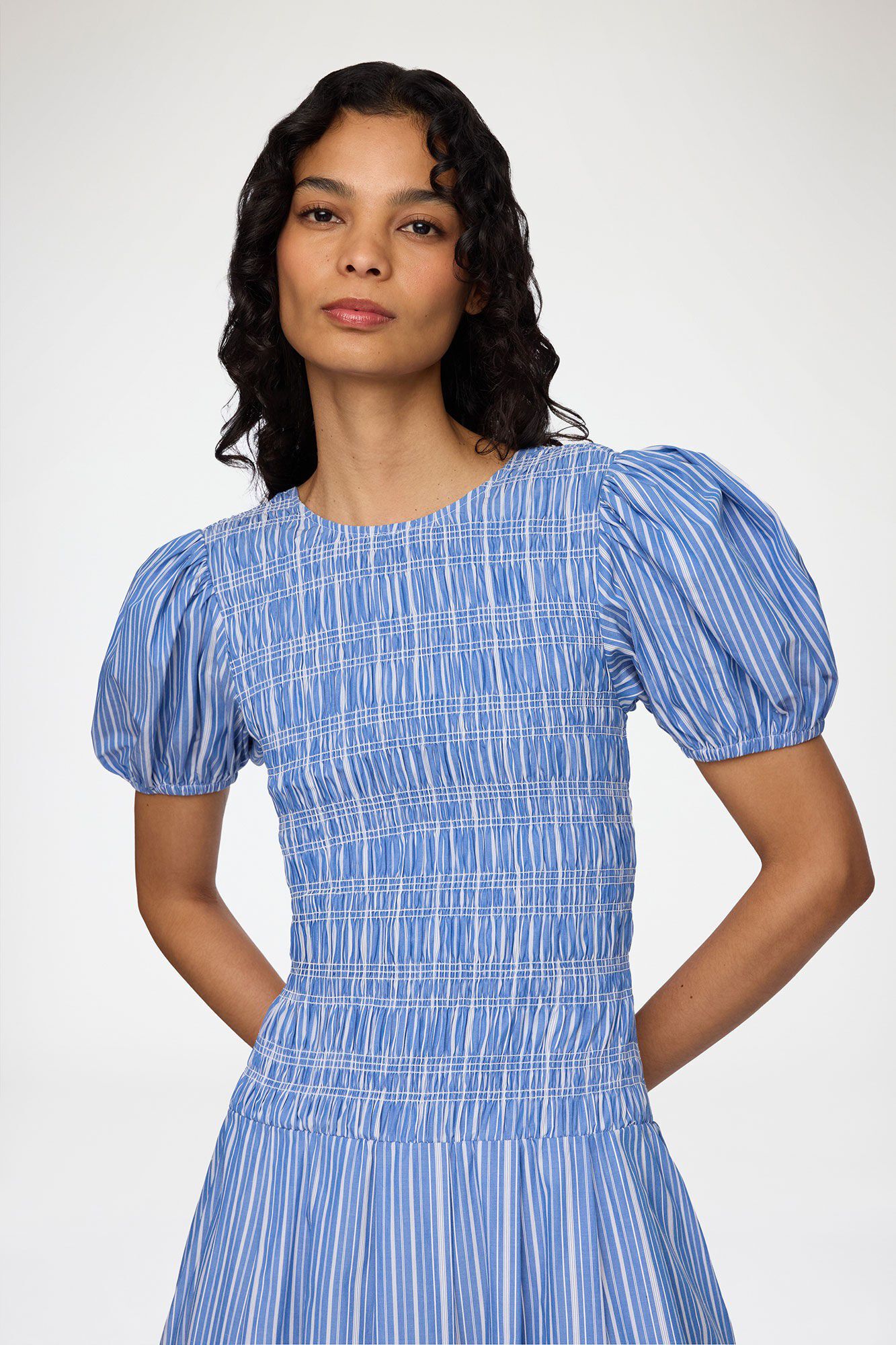 Stripe Cotton Long Smocked Pleated