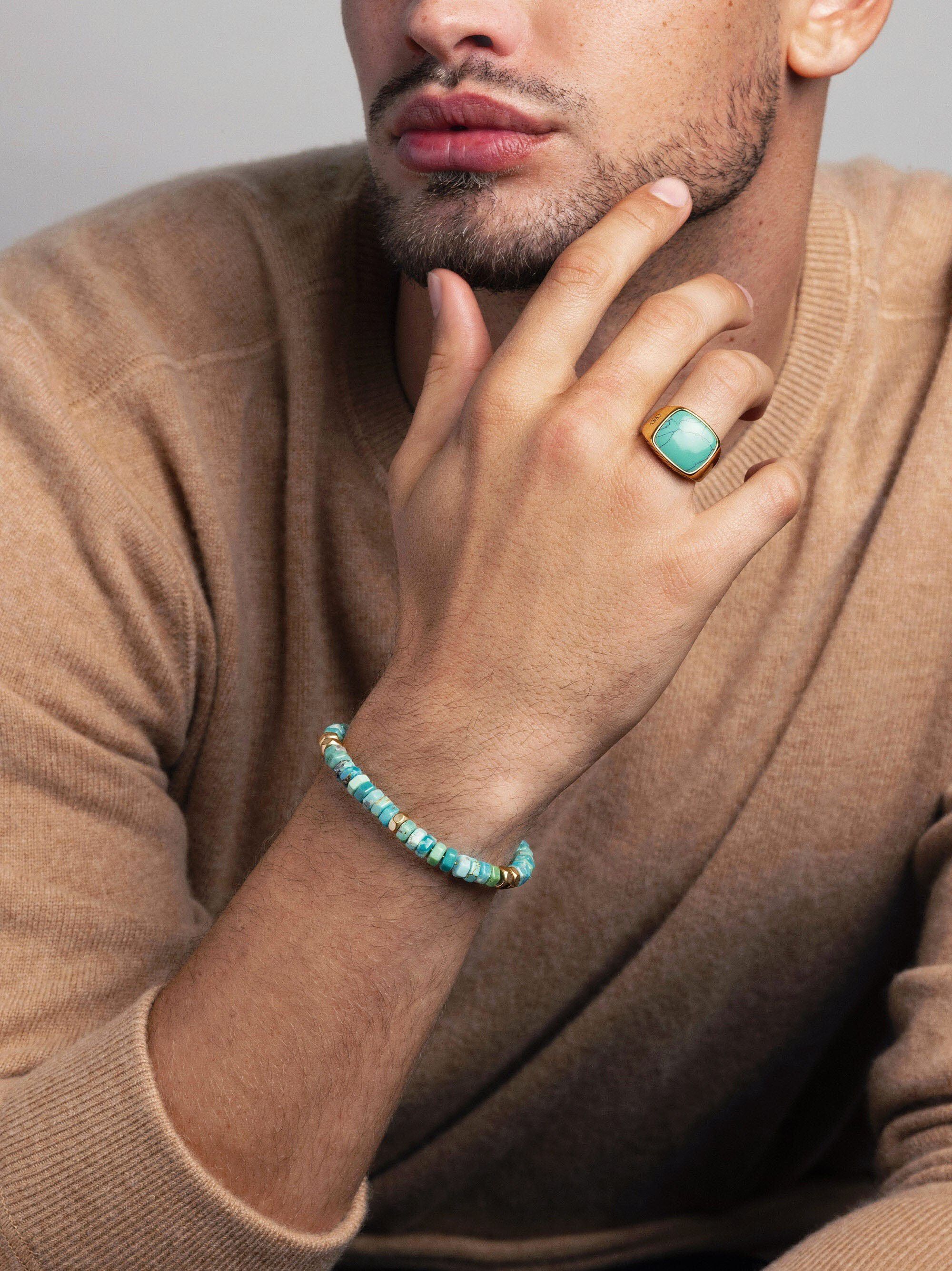 Men's Hexagon Beaded Bracelet with Green Turquoise and Gold
