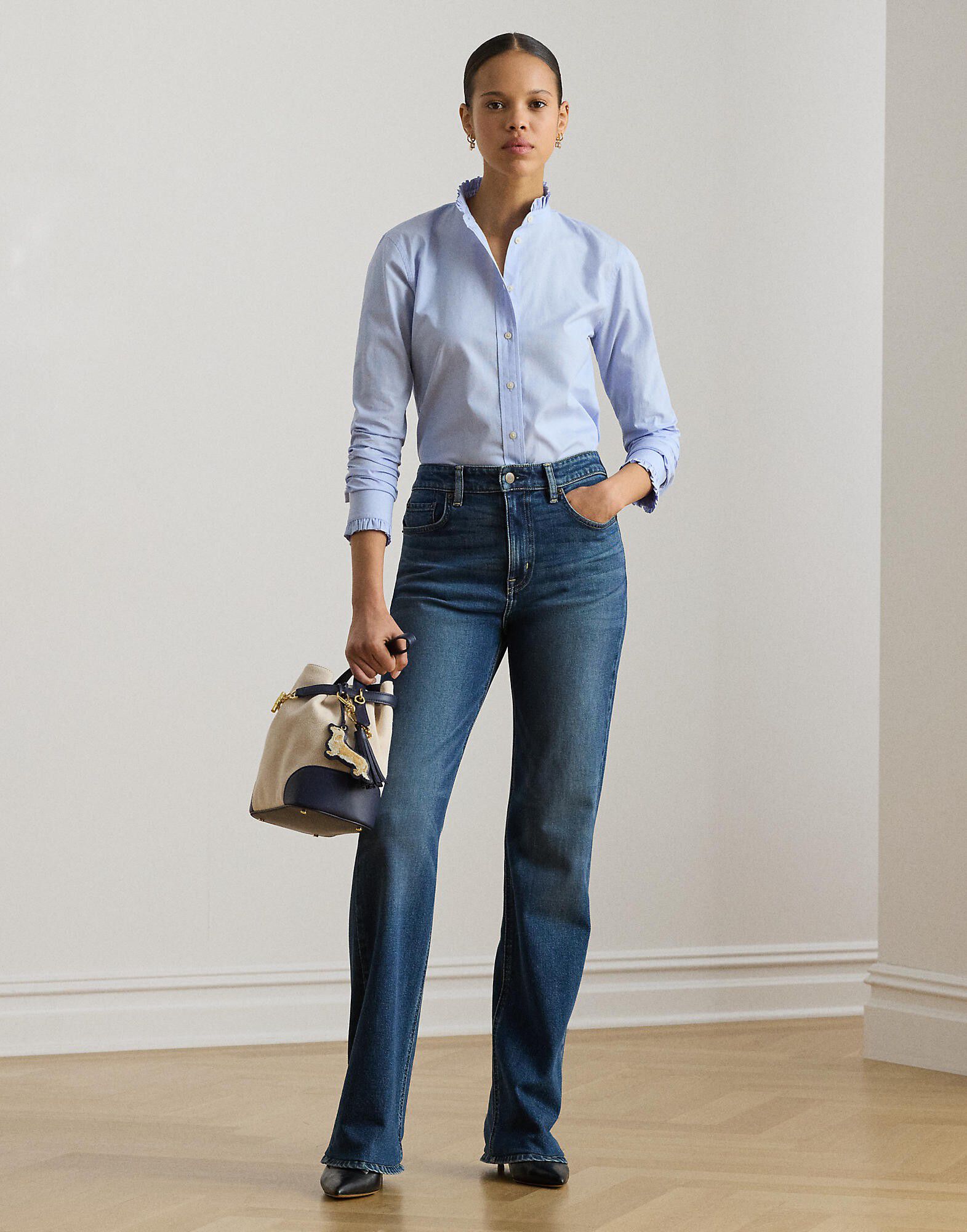 Ruffle-Trim End-on-End Cotton Shirt