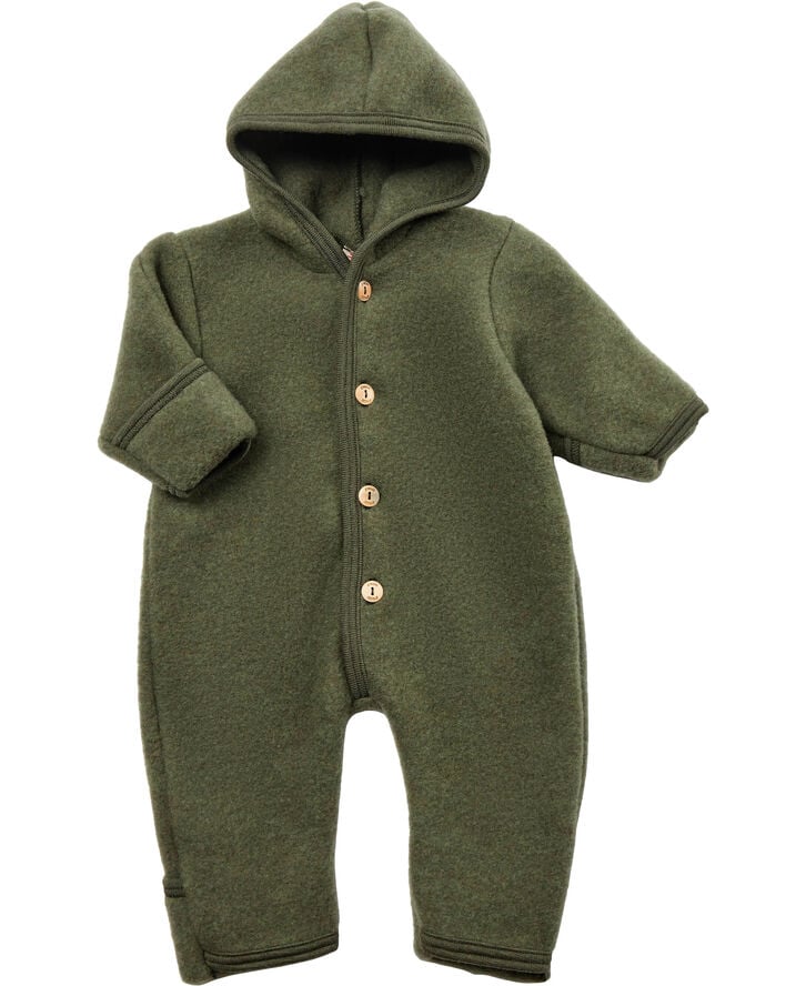Hooded overall, with wooden buttons, with cuffs at arms and