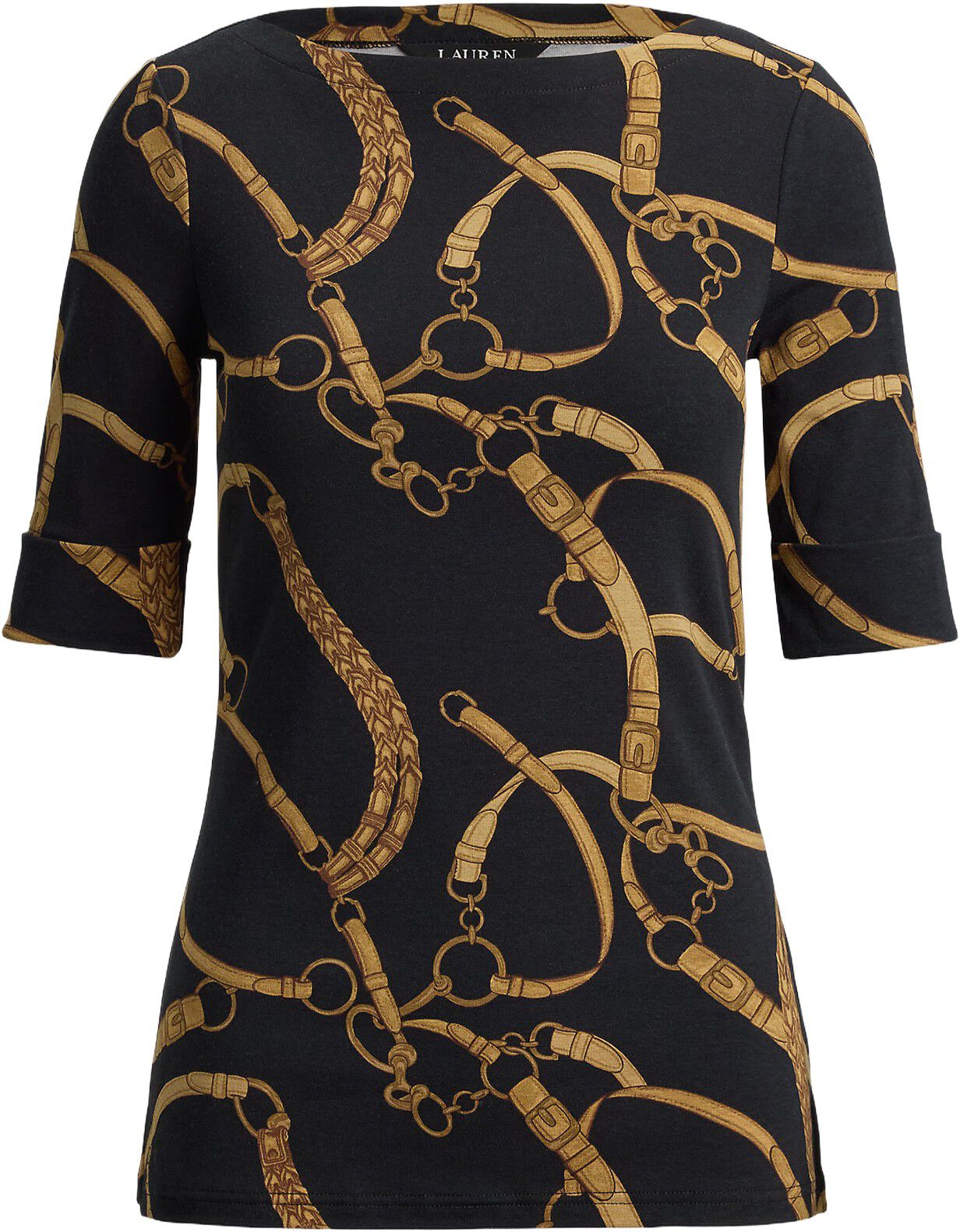 Belting-Print Cotton Boatneck Tee