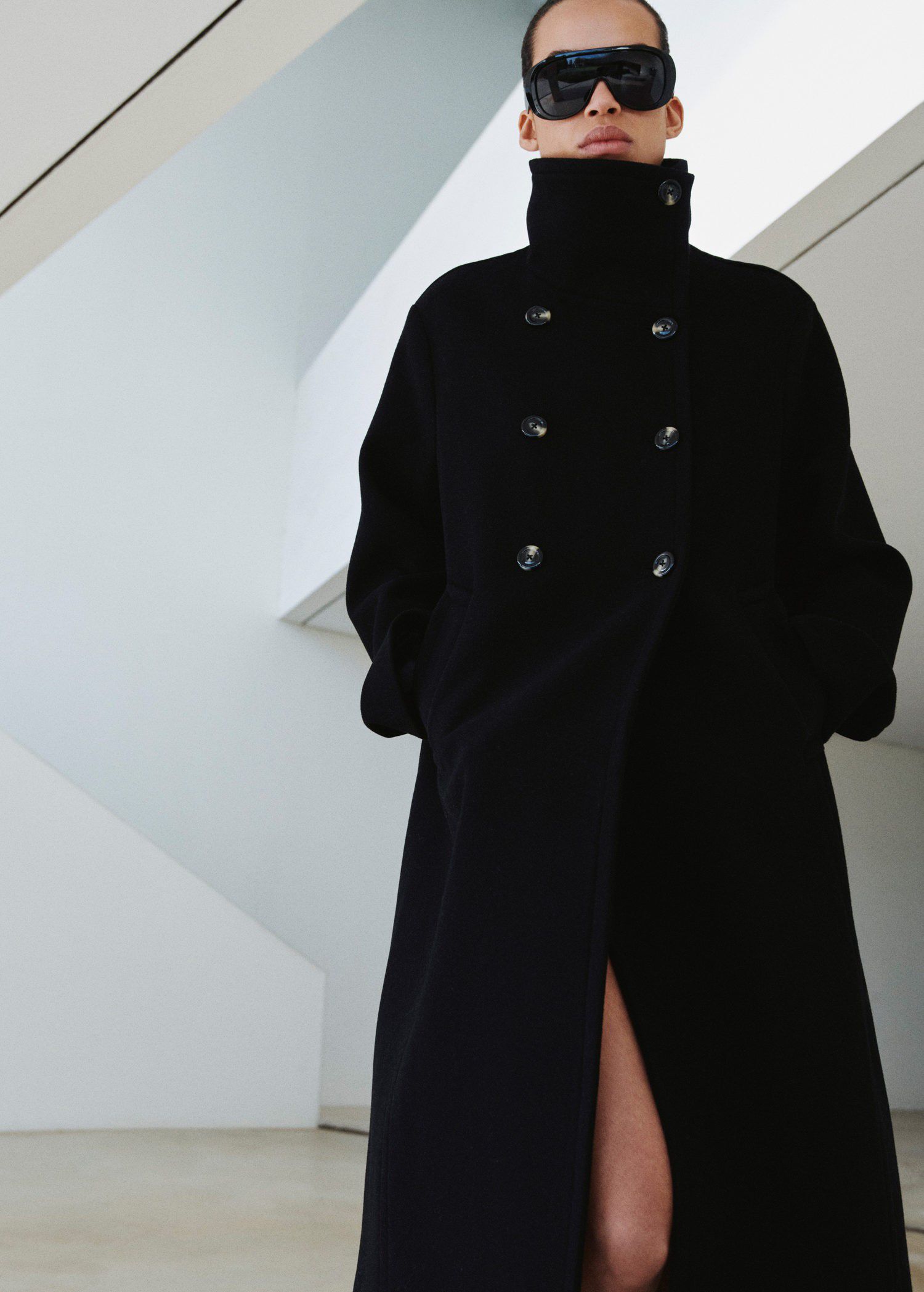Wool-blend funnel-neck coat