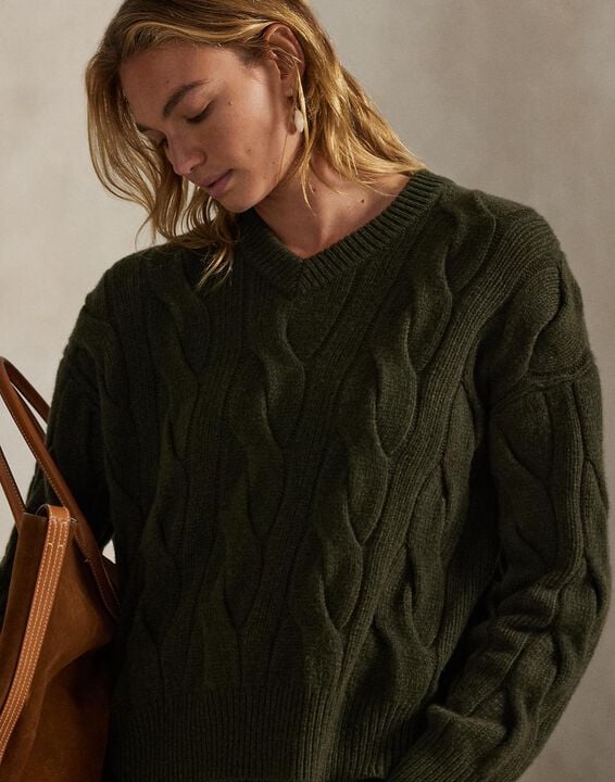 Cable-Knit Wool-Cashmere V-Neck Sweater
