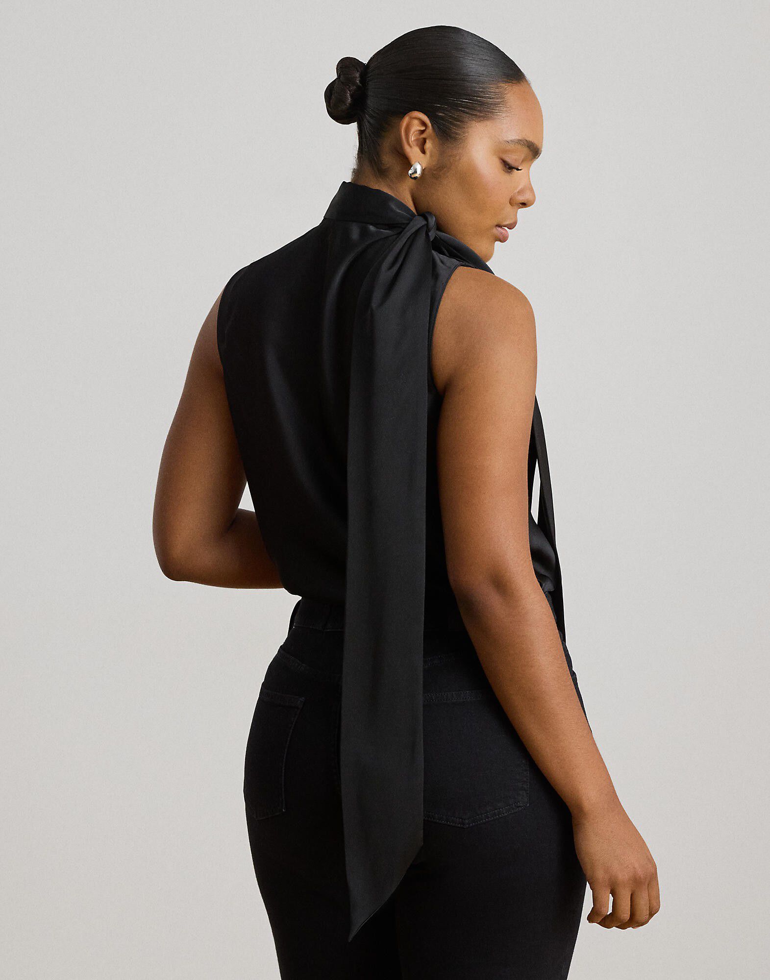 Tie-Neck Charmeuse Sleeveless Blouse