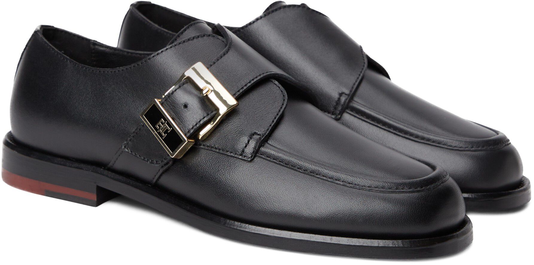 New York Label Leather Buckle Moc Toe Loafers