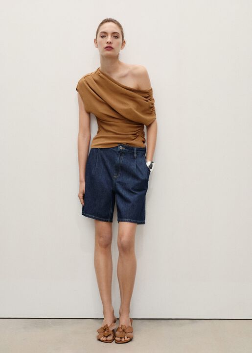 Rinse wash pleated denim bermuda sh