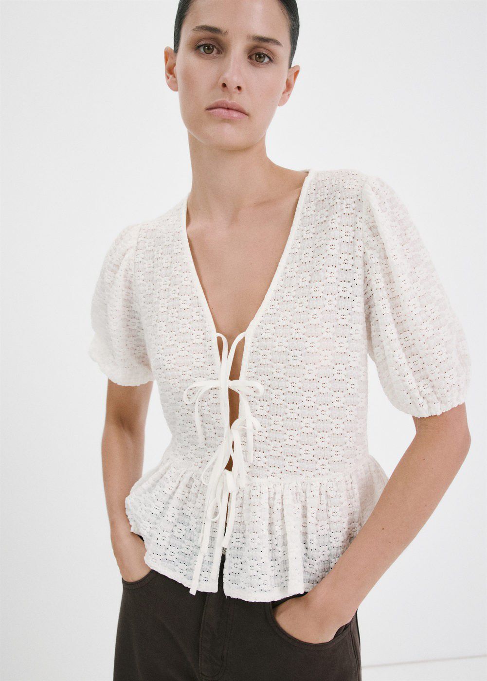 Bows floral embroidery blouse