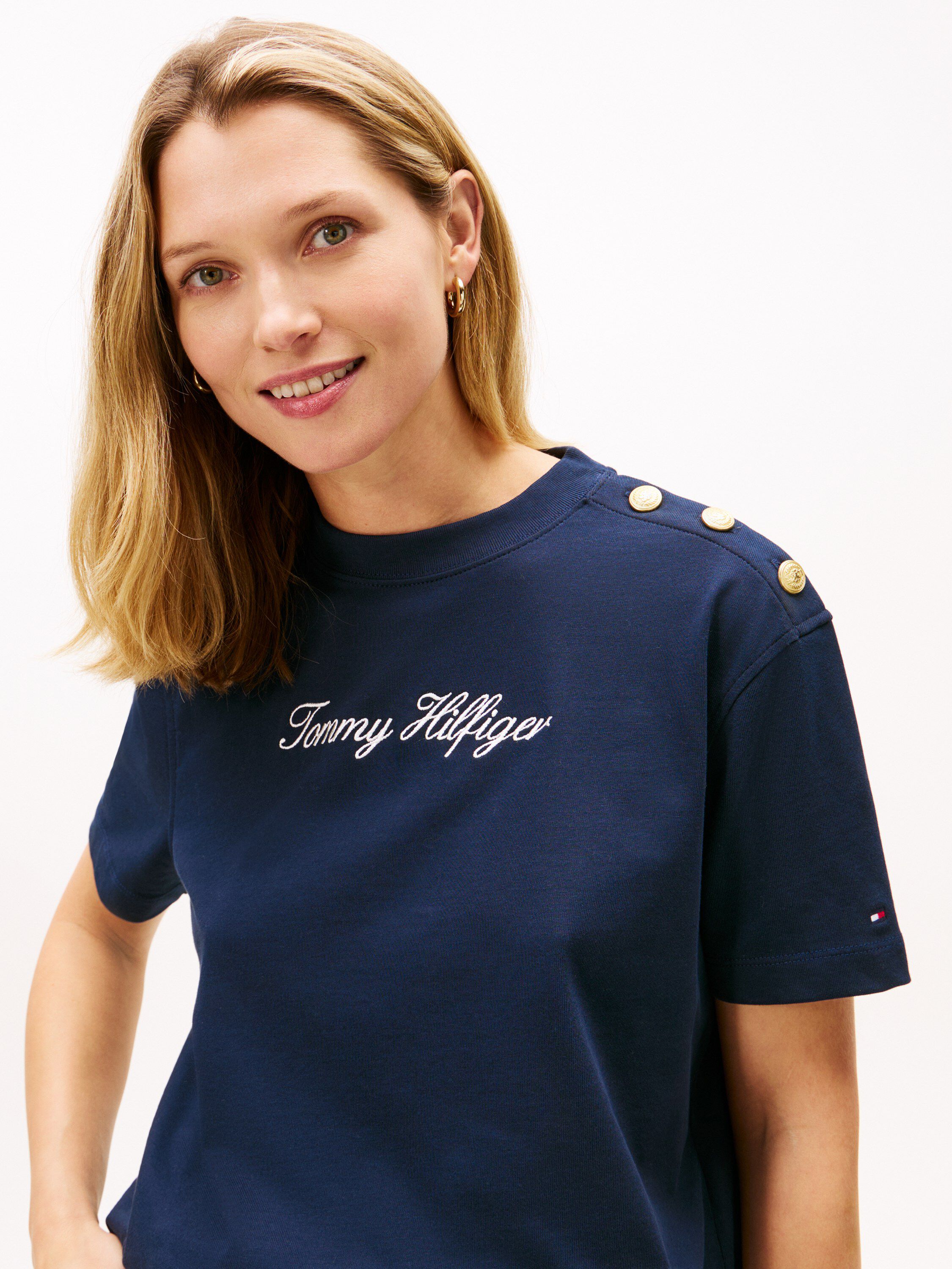 Gold-Tone Button Logo Embroidery Relaxed T-Shirt