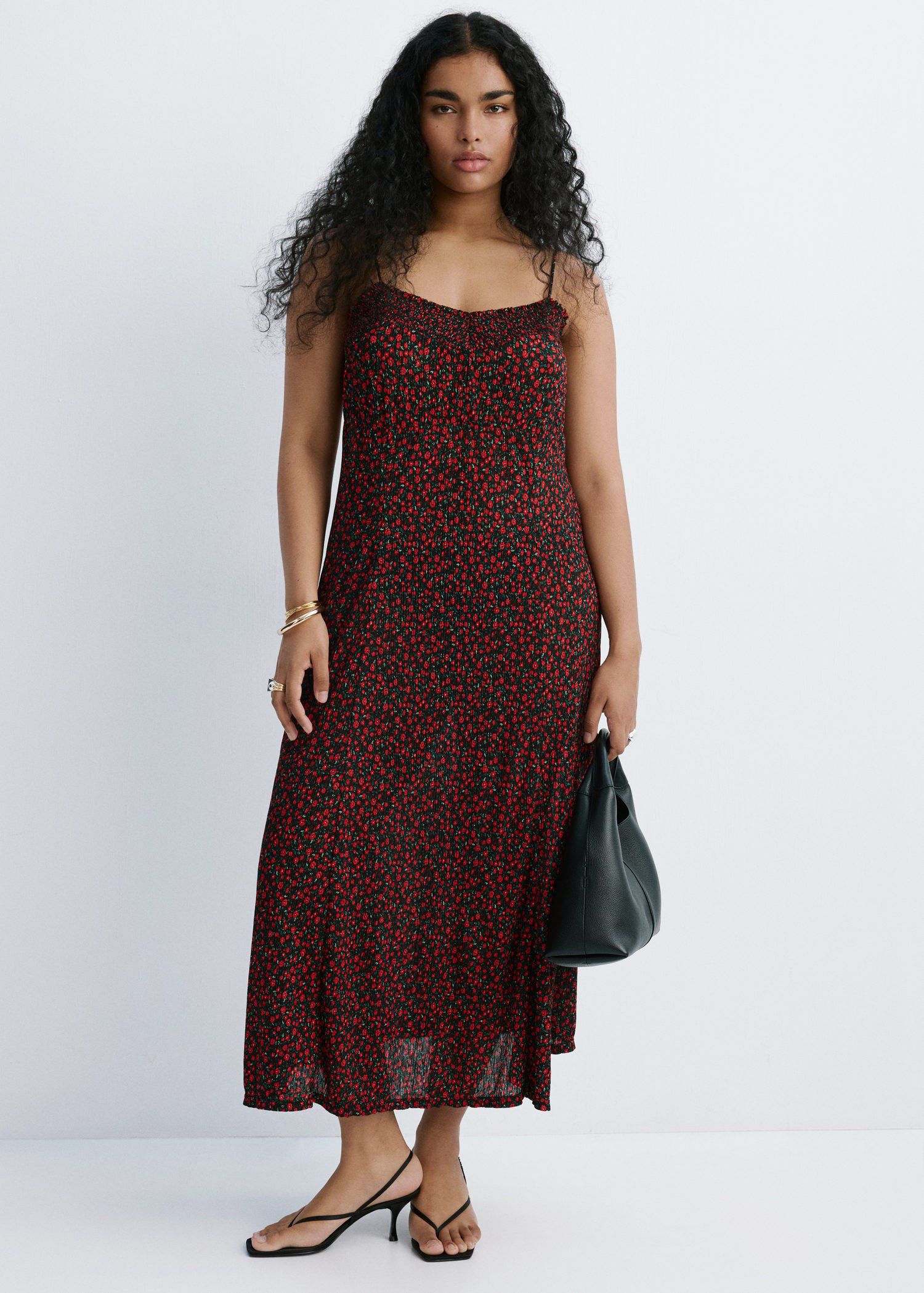 Floral midi-dress with gathered nec