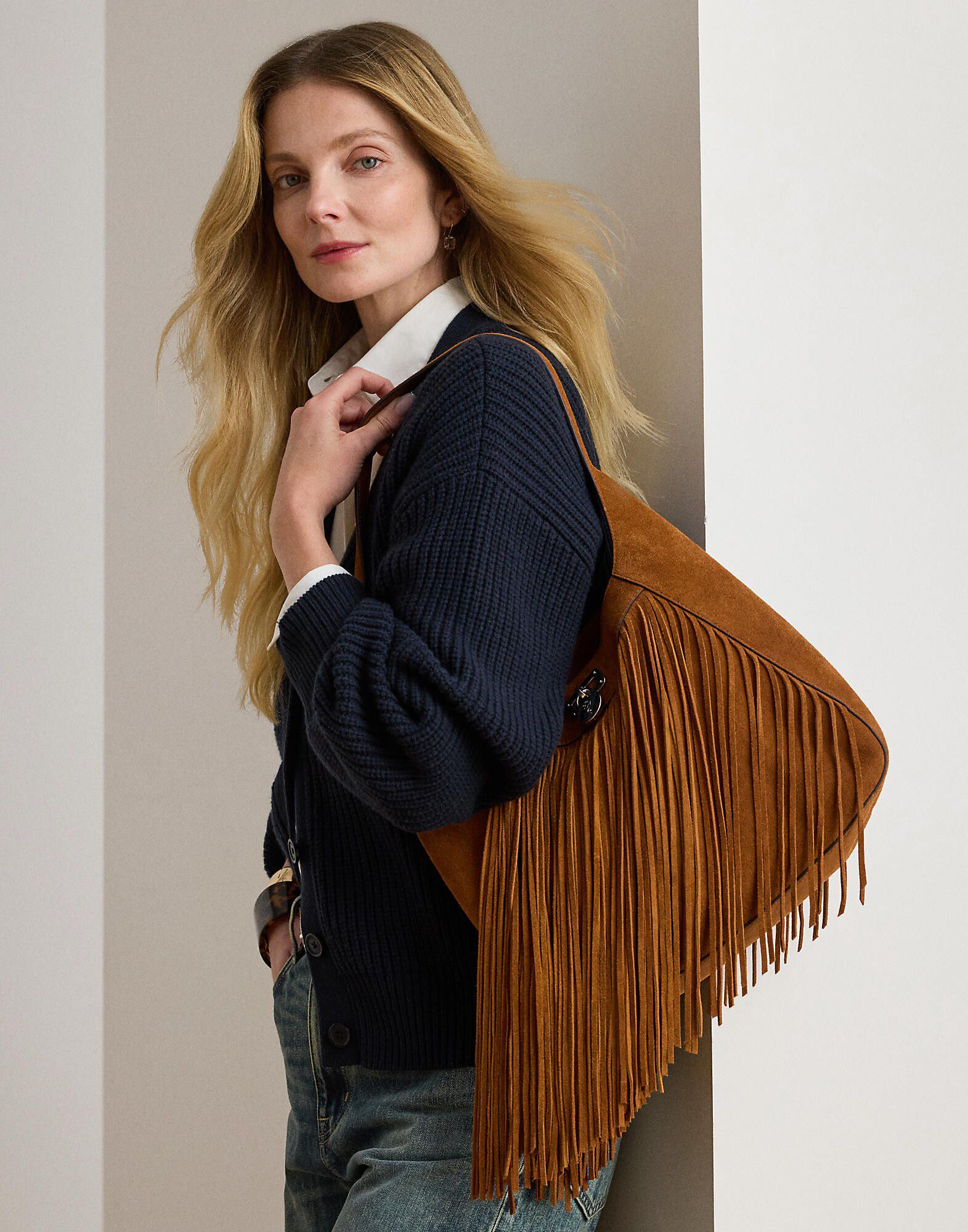 Fringe-Trim Large Tanner Shoulder Bag