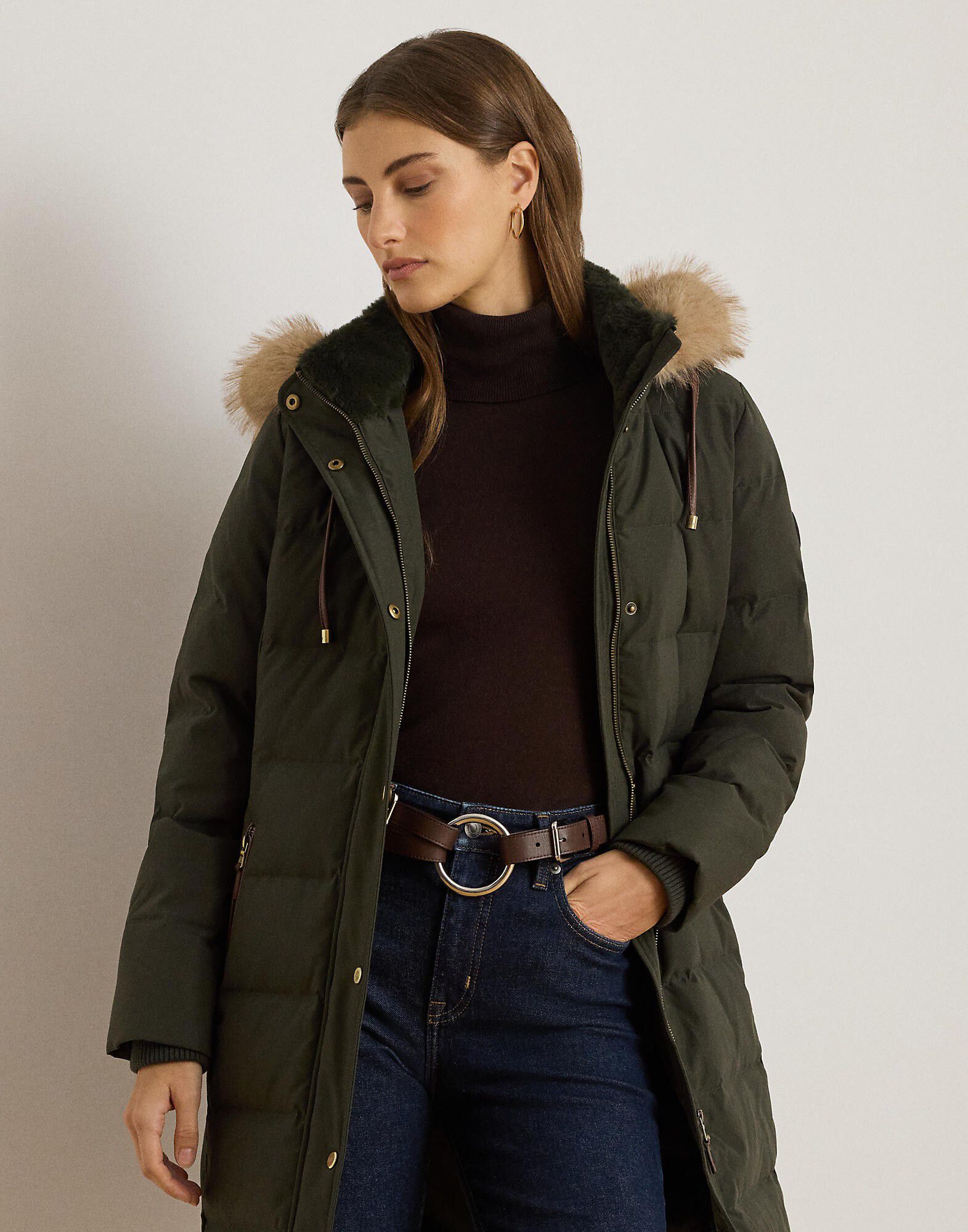 Faux-Fur-Trim Hooded Down Coat