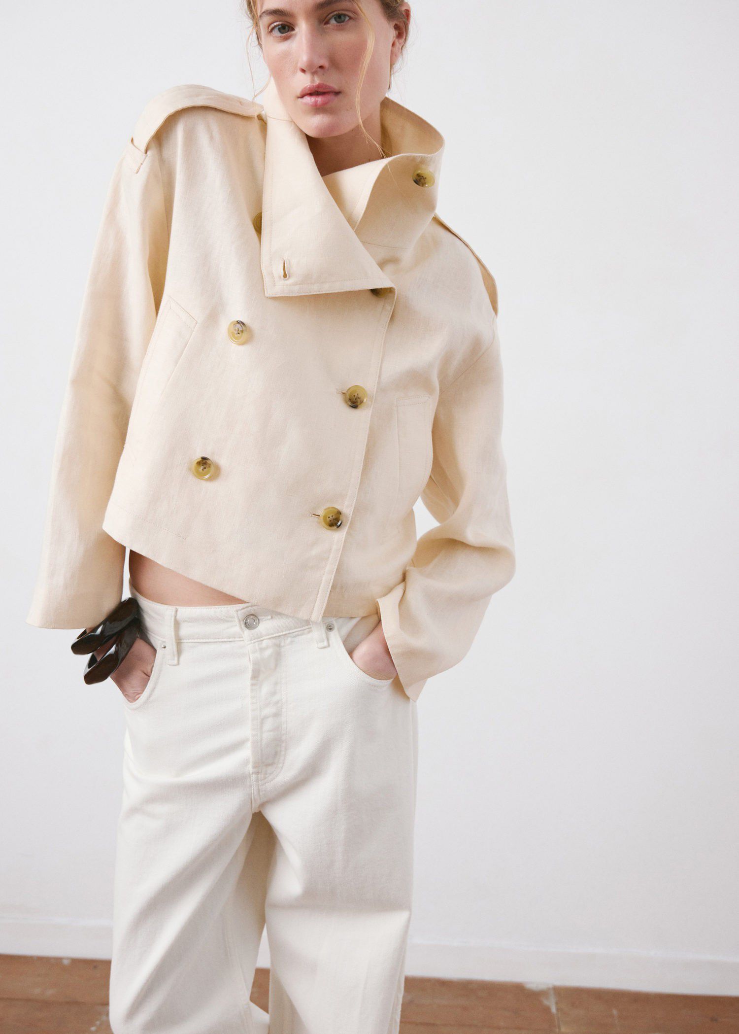 Linen funnel neck trench coat