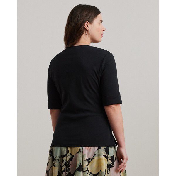 Stretch Cotton Elbow-Sleeve V-Neck Tee